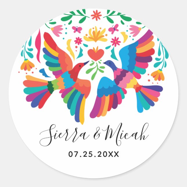 Vibrant Mexican Inspired Birds and Floral Classic Round Sticker (Front)