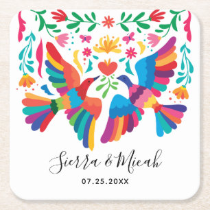 Vibrant Mexican Inspired Birds and Floral Square Paper Coaster