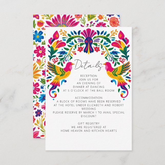 Vibrant Mexican Otomi Birds Floral Fiesta Wedding Enclosure Card (Front/Back)