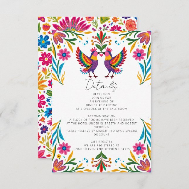 Vibrant Mexican Otomi Birds Floral Fiesta Wedding Enclosure Card (Front/Back)