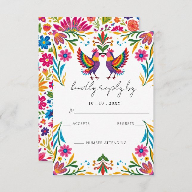 Vibrant Mexican Otomi Birds Floral Fiesta Wedding RSVP Card (Front/Back)