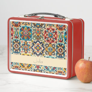 Vibrant Mexican Red Blue Tiles Personalised Metal Lunch Box