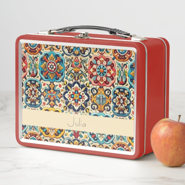 Vibrant Mexican Red Blue Tiles Personalised Metal Lunch Box (In Situ)
