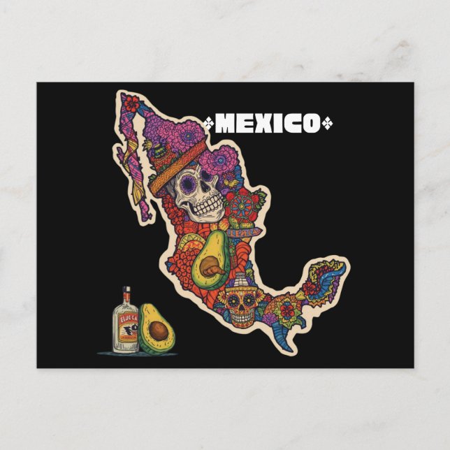 Vibrant Mexico Sugar Skull Map Postcard (Front)