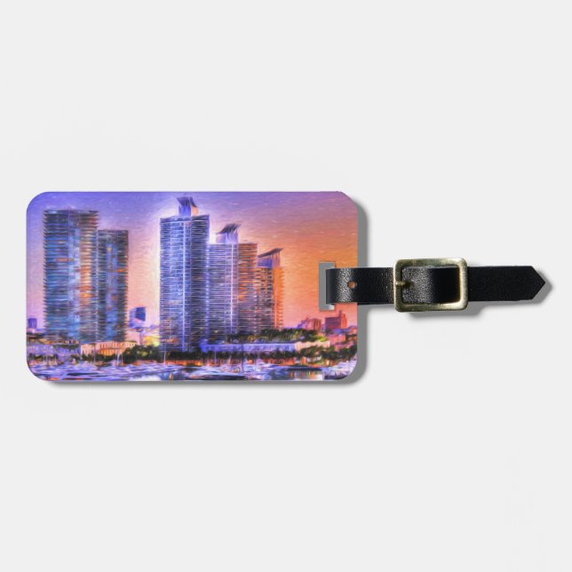 Vibrant Miami Skyline Sunrise Luggage Tag (Front Horizontal)