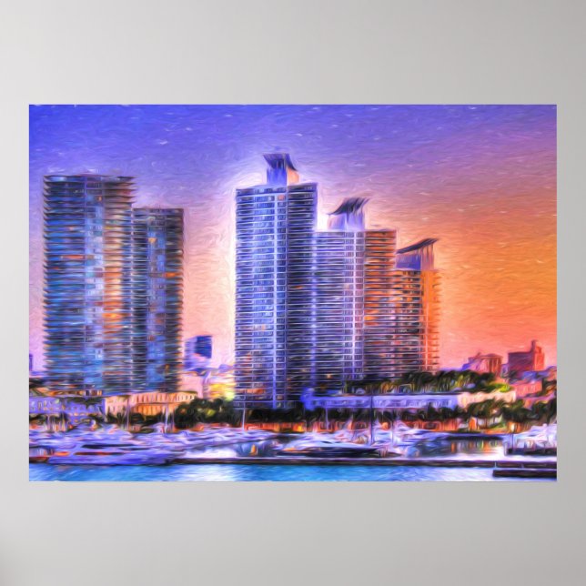 Vibrant Miami Skyline Sunrise Poster (Front)