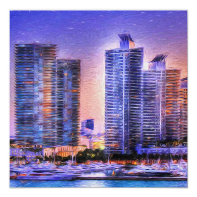 Vibrant Miami Skyline Sunrise Poster (Front)