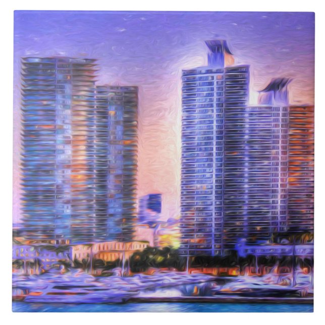 Vibrant Miami Skyline Sunrise Tile (Front)