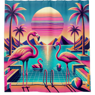 “Vibrant Mid-Century Modern Flamingo Pool Sunset" Shower Curtain