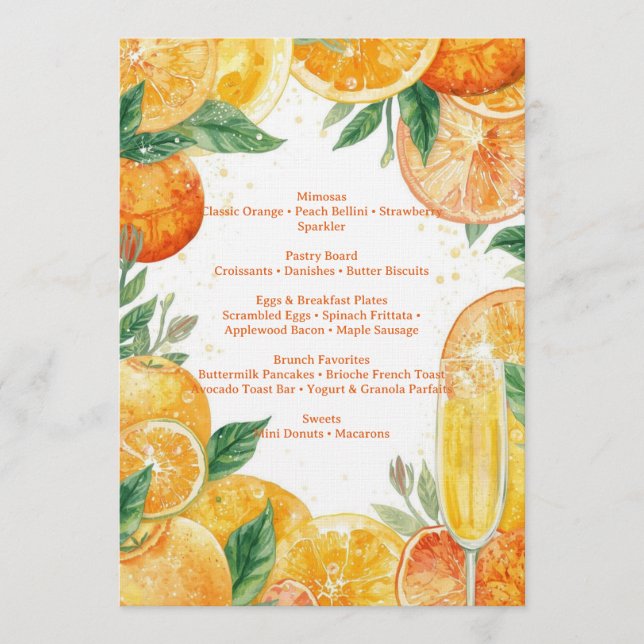Vibrant Mimosa Brunch Menu – Watercolor Citrus Invitation (Front)