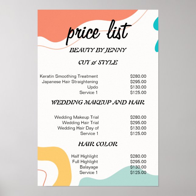 Vibrant & Minimal Service Menu Template Poster (Front)
