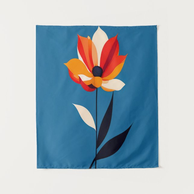 Vibrant Minimalist Flower on Blue Art Tapestry (Front)