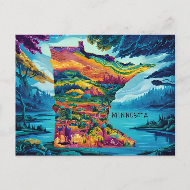 Vibrant Minnesota Map Art Postcard (Front)