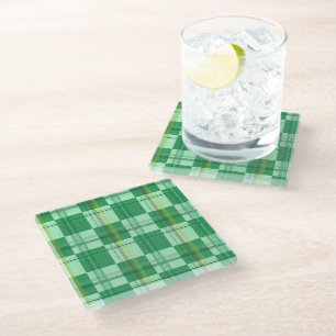 Vibrant Mint Yellow Plaid Aesthetic Glass Coaster