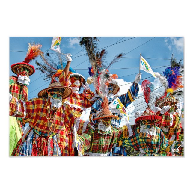 Vibrant Mocko Jumbies Waving Virgin Islands Flags Photo Print (Front)