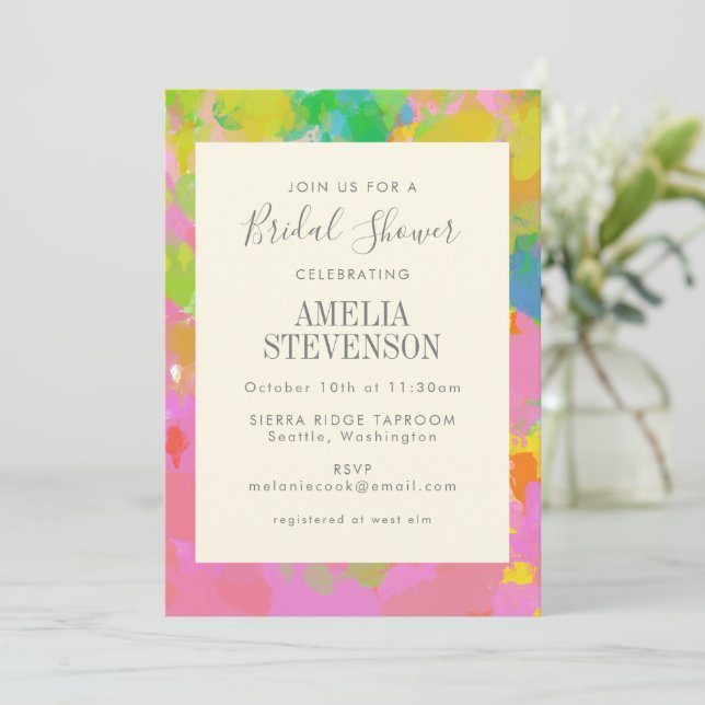 Vibrant Modern Abstract Colourful Bridal Shower Invitation (Standing Front)