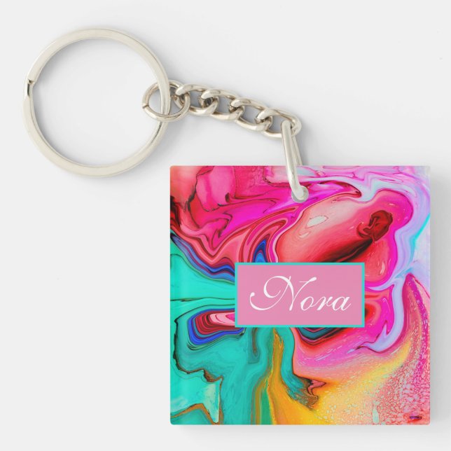 Vibrant Modern Marble Watercolor Personalise Key Ring (Front)