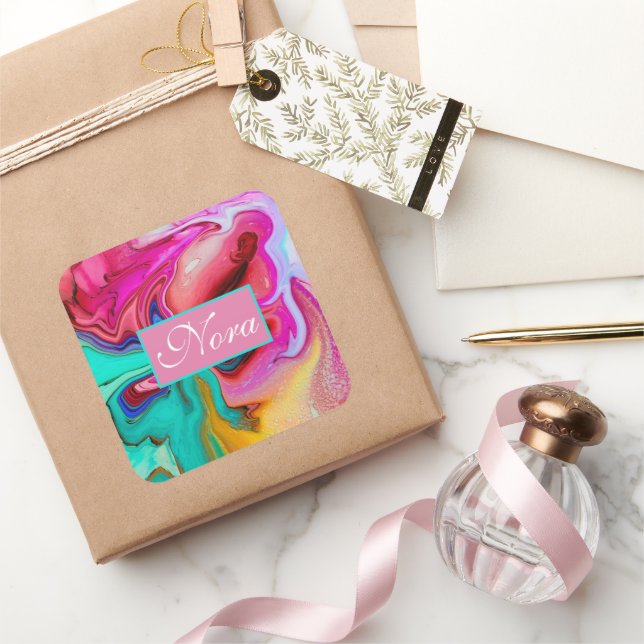 Vibrant Modern Marble Watercolor Personalize Square Sticker (Gifting)