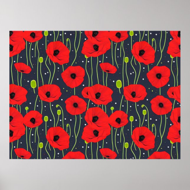 Vibrant Modern Red Poppies Pattern Art Poster (Front)