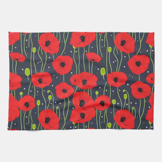 Vibrant Modern Red Poppies Pattern Art Tea Towel (Horizontal)