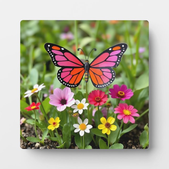 Vibrant Monarch Butterfly Garden Scene Plaque (Front)
