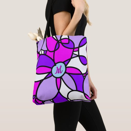 Image of Vibrant Monogram Purple and Magenta Floral Pattern Tote Bag