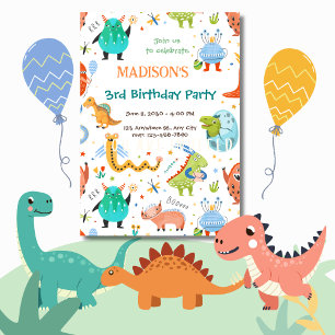 Vibrant Monster & Dinosaur 3rd Birthday Party  Invitation