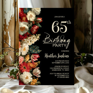 Vibrant Moody Floral Black 65th Birthday Party Invitation