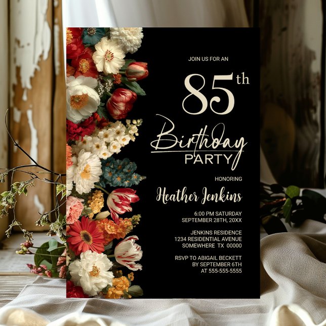 Vibrant Moody Floral Black 85th Birthday Party Invitation (Creator Uploaded)