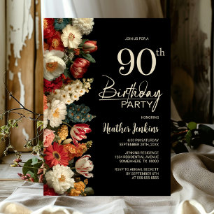 Vibrant Moody Floral Black 90th Birthday Party Invitation