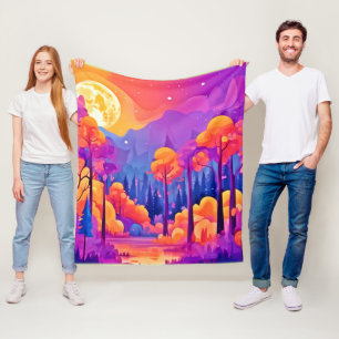Vibrant Moonlit Forest Fleece Blanket