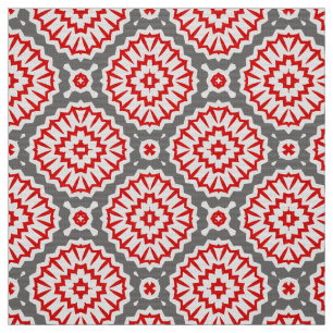 Vibrant Moroccan Ethnic Red White Grey Pattern Fabric