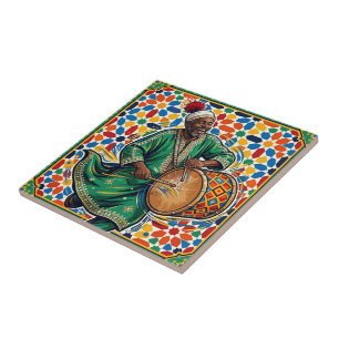 Vibrant Moroccan Gnawa Musician Zellij Mosaic Tile