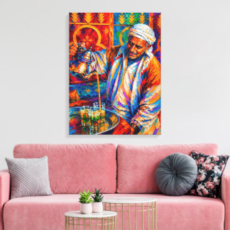 Vibrant Moroccan Mint Tea Pouring Oil Painting Canvas Print