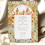 Vibrant Moroccan Tile & Marrakesh Arch Wedding Invitation<br><div class="desc">Embark on a journey to a world of vibrant colour and intricate beauty with this stunningly artistic wedding invitation. Capturing the exotic allure of Morocco, this design features a beautiful watercolor illustration of the Marrakesh cityscape, viewed through a magnificent architectural arch. The warm, terracotta-toned buildings and palm trees stand out...</div>