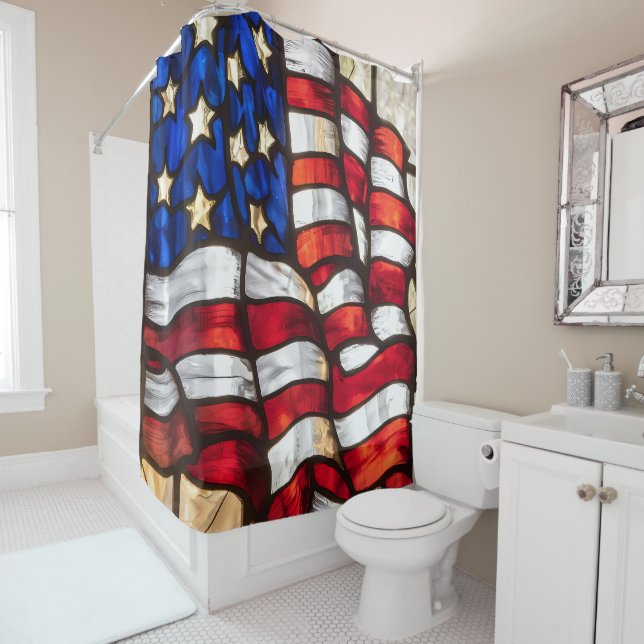 Vibrant Mosaic American Flag Stained Glass Shower Curtain (In Situ)