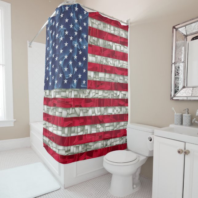 Vibrant Mosaic American Flag Stained Glass Shower Curtain (In Situ)