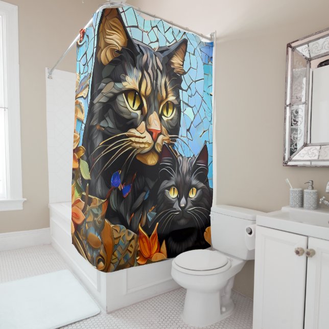 Vibrant Mosaic Cat Stained Glass Artistic Feline  Shower Curtain (In Situ)