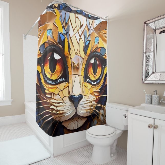 Vibrant Mosaic Cat Stained Glass Artistic Feline  Shower Curtain (In Situ)