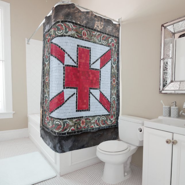 Vibrant Mosaic St. George's Flag Stained Glass Shower Curtain (In Situ)
