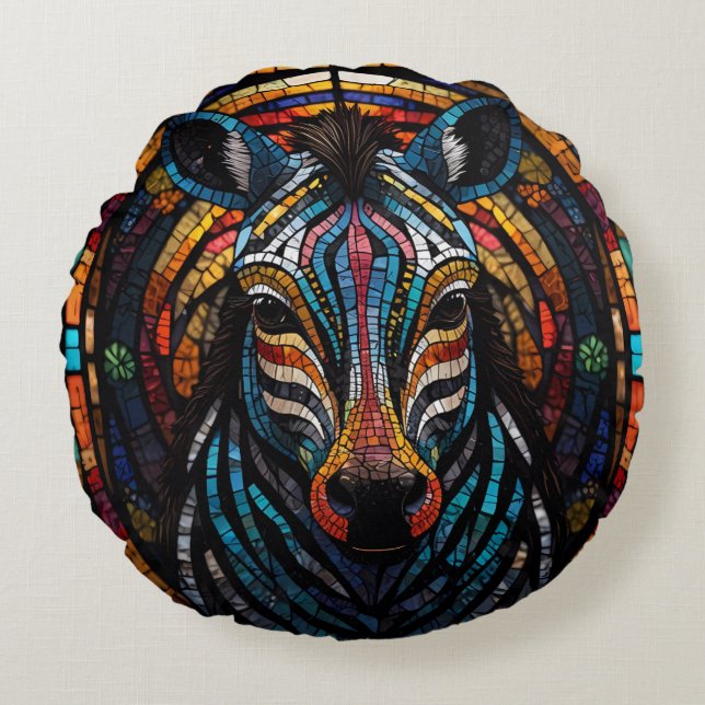 Vibrant Mosaic Zebra Round Cushion (Front)