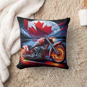 Vibrant motorcycle with Canadian flag near a lake Cushion