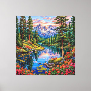 Vibrant Mountain Landscape with Reflection Canvas Print