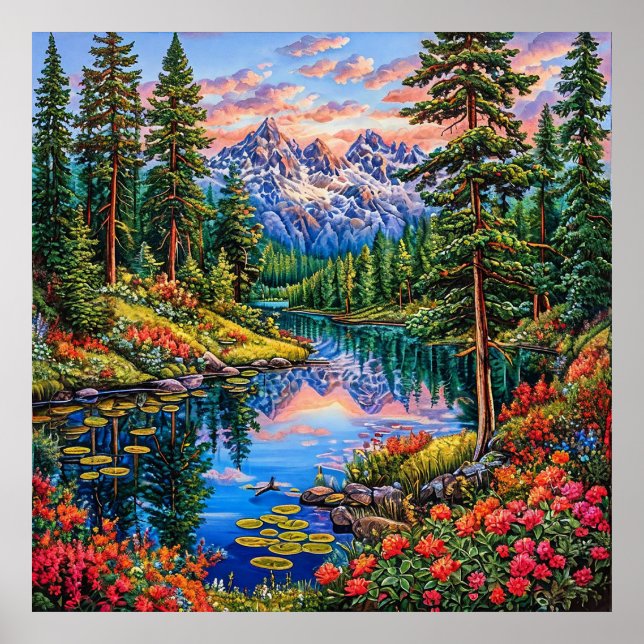 Vibrant Mountain Landscape with Reflection Poster (Front)