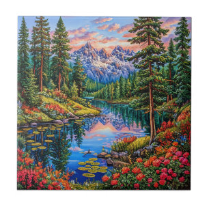 Vibrant Mountain Landscape with Reflection Tile