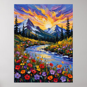 Vibrant Mountain Sunrise Oil Painting Poster