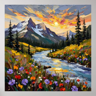 Vibrant Mountain Sunrise Square Oil Painting Poster