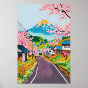 Vibrant Mt Fuji Sakura Art Japanese Countryside Poster