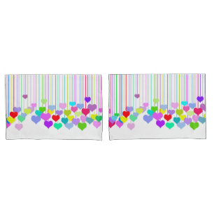 Vibrant Multi-coloured Hanging Hearts On White Pillowcase