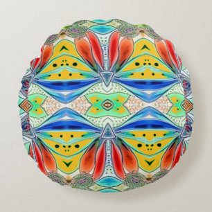 Vibrant multicolor fabric pattern design ro round cushion